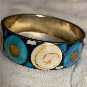 Elegant Blue, Ivory, Black and Gold Brass Bangle Bracelet